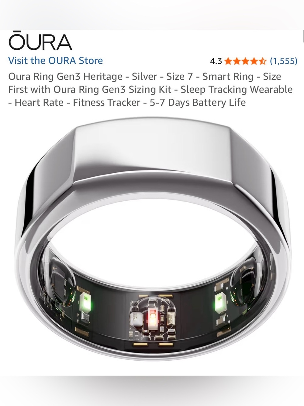 Oura Ring Gen3 Heritage Smart Ring — Silver Finish size 7